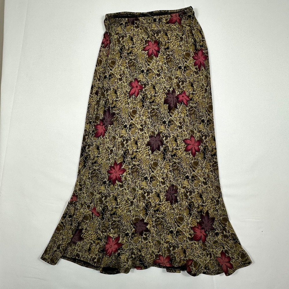 VTG Maxi Skirt Snakeskin Floral Print‎ Tan Pink Size M Boho Whimsigoth Dark Y2K